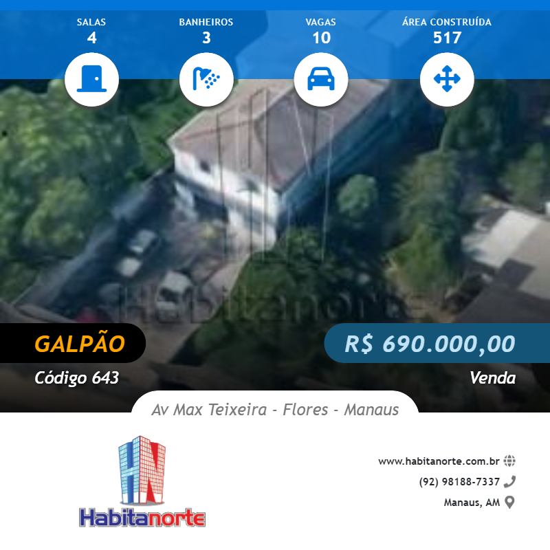 GALPÃO 517M² DE AREA CONSTRUÍDA NA AV MAX TEIXEIRA